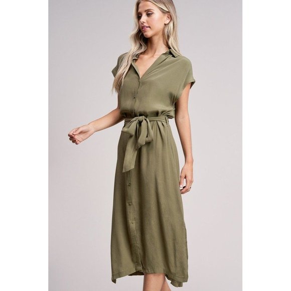No Rest for Briget Arrays Shirt Dress M Olive Green Midi Sleeveless Belt Buttons - Picture 5 of 16